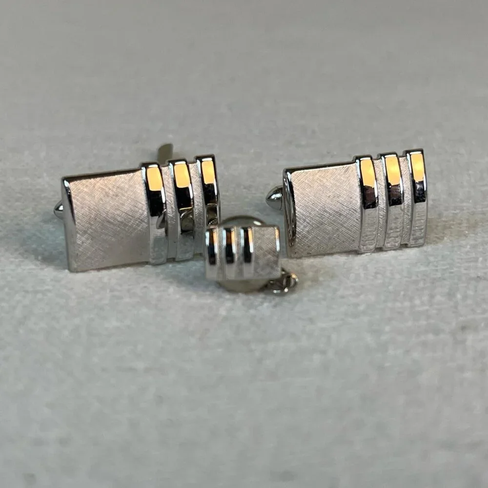 Vintage SWANK Silver‎ Tone Cuff Link Tie Tac Set Classic Formal Wedding Hipster